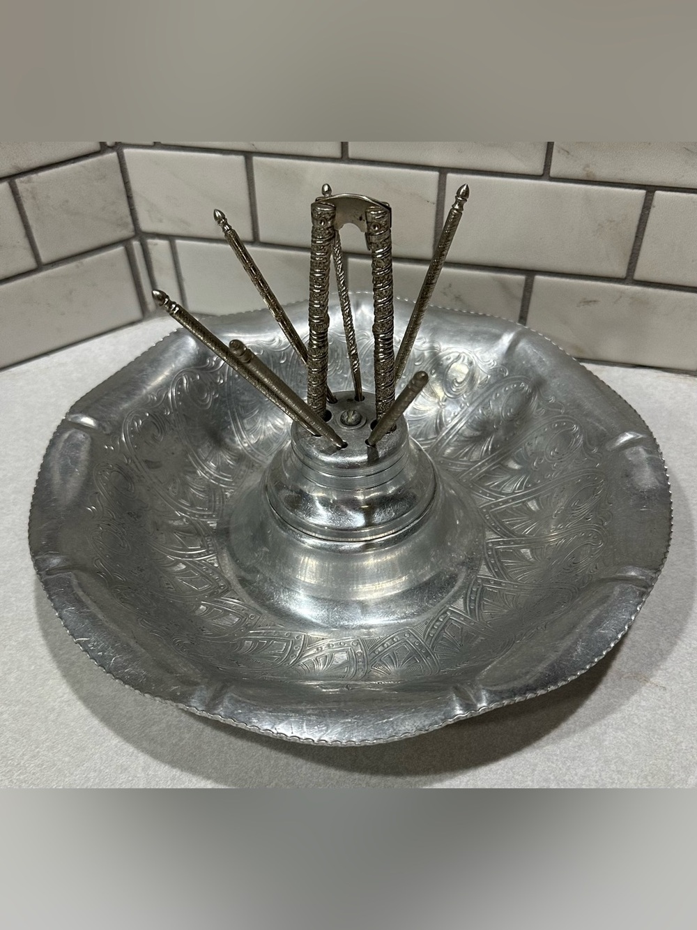 Vintage Hammered Aluminum Engraved Nut Bowl with Tools